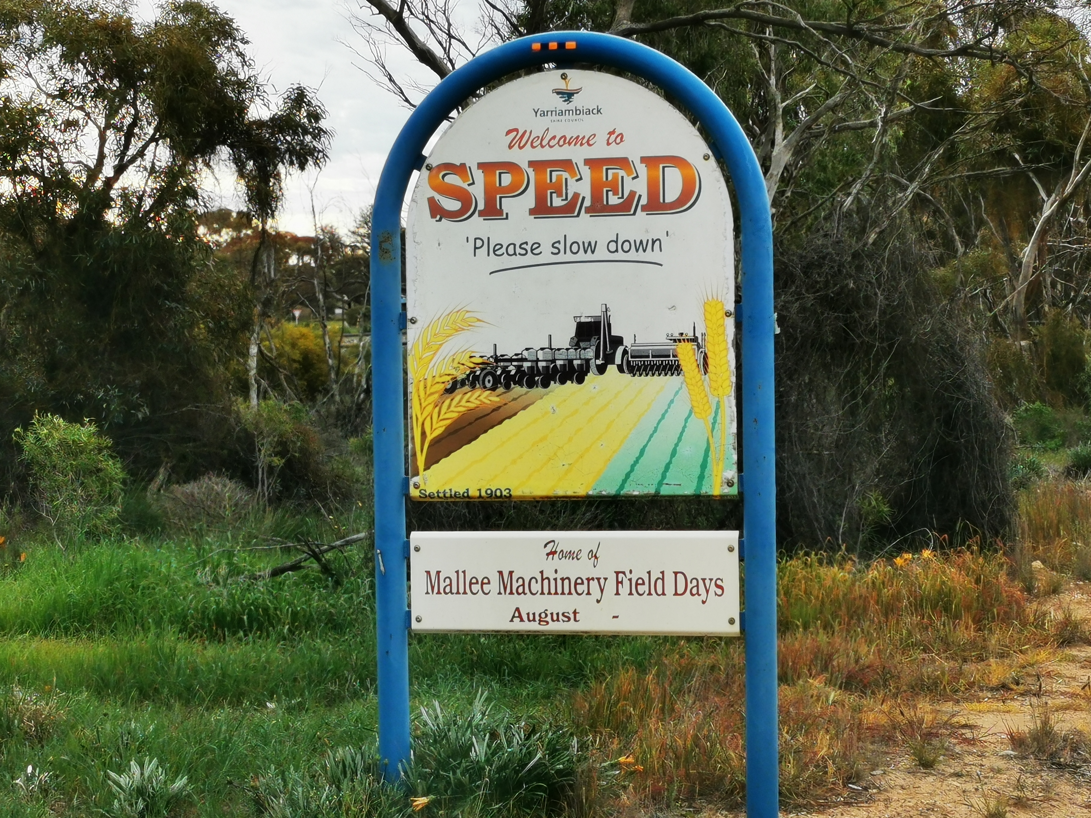 image of please slow down sign at Speed, Victoria.